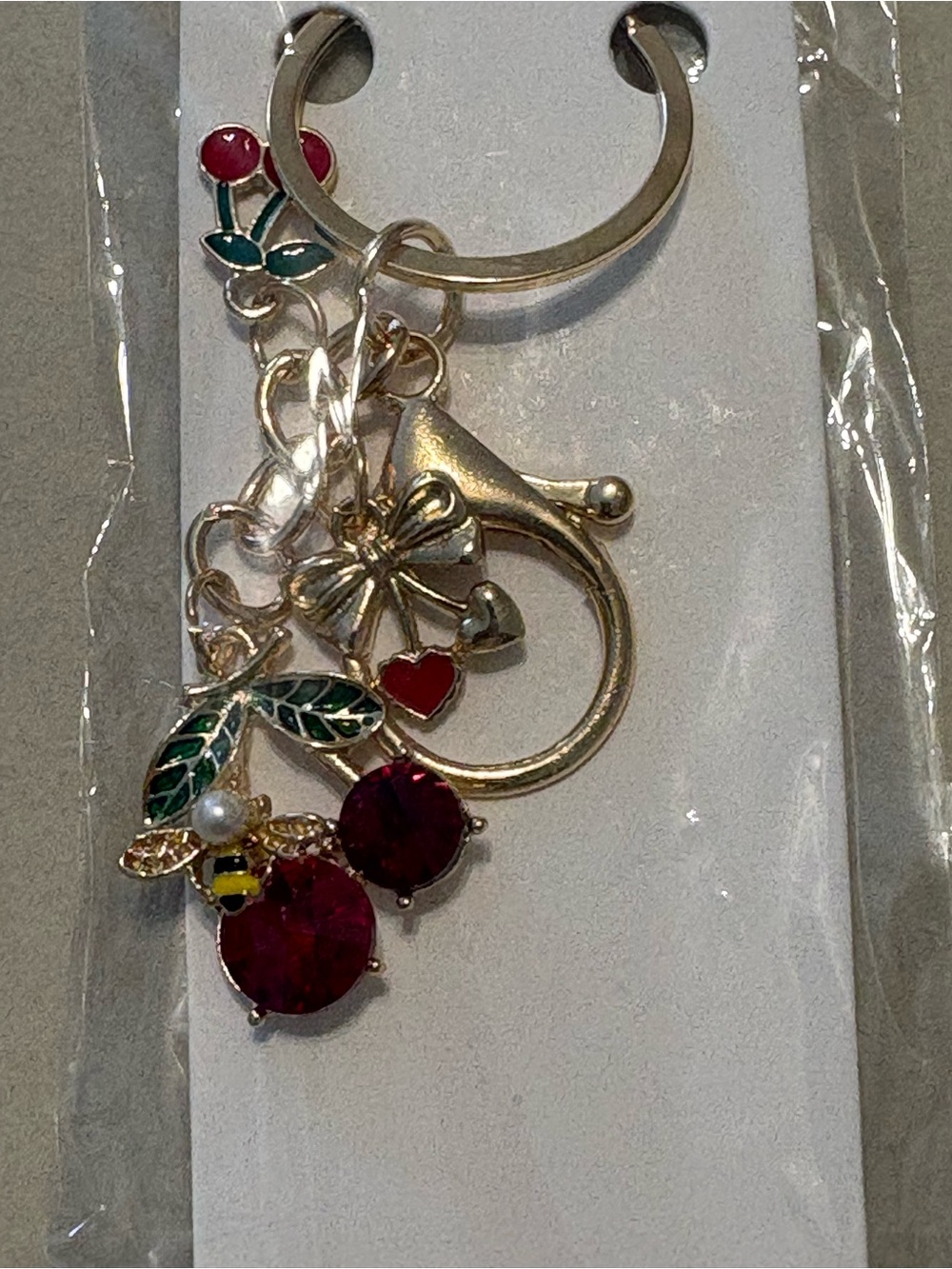 Gold Cherry Charm Keychain with Red Crystal Accents NWT